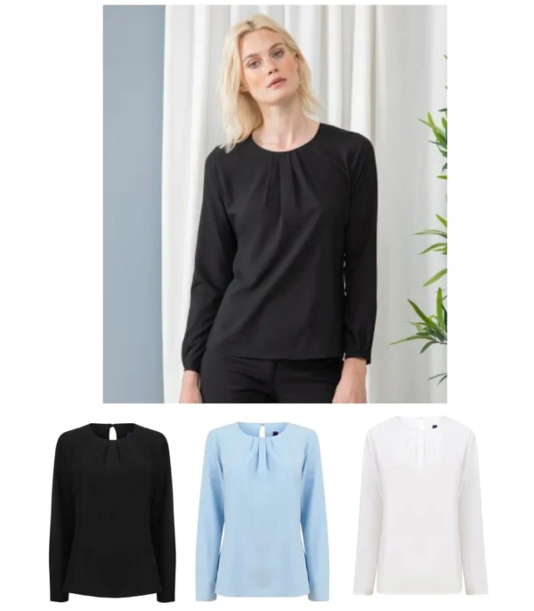 H598 Henbury Ladies Pleat Front Long Sleeve Blouse